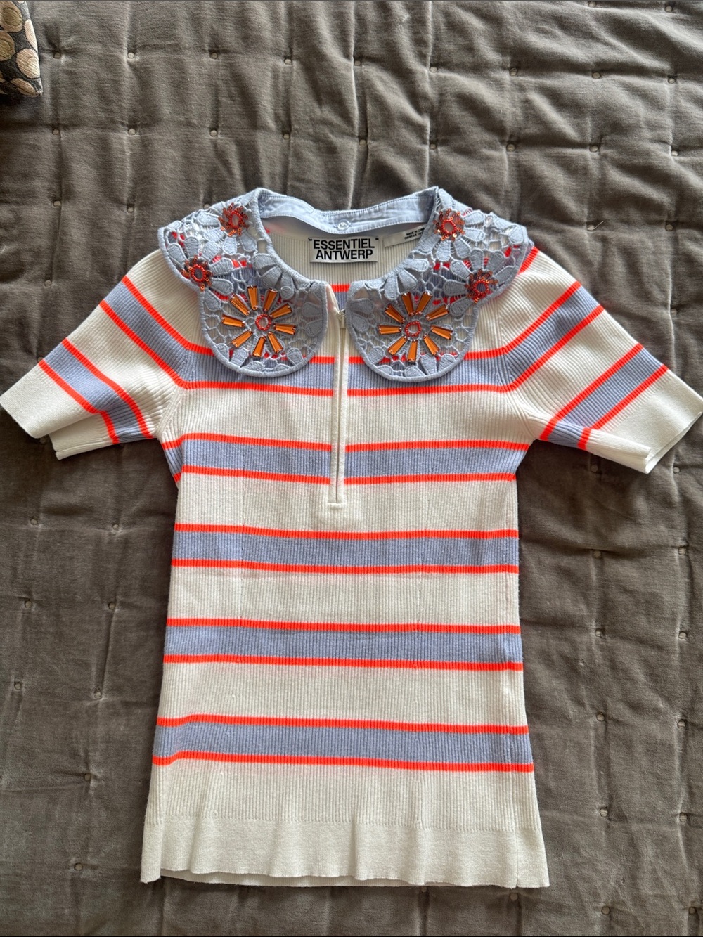 Essentiel Antwerp White Short-Sleeve Striped Knit Top with Lace Collar
